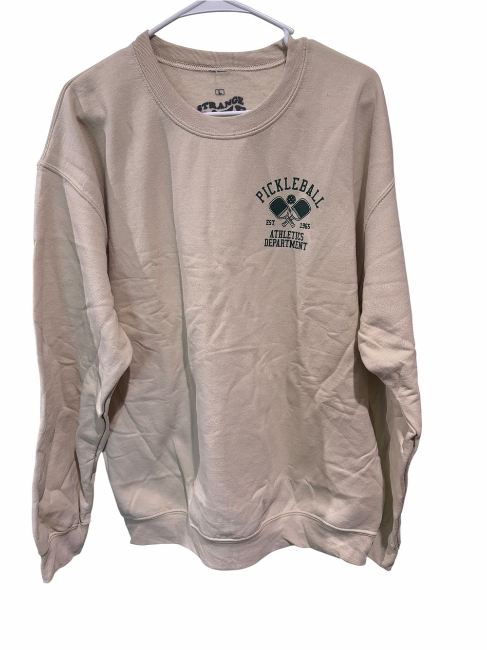 Strange Daze Pickleball Sweatshirt Size Large Cream Graphic Crewneck